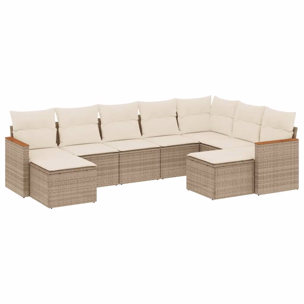Set Divano da Giardino 9 pz con Cuscini Beige in Polyrattan