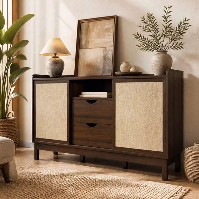 Credenza ULEVR 150x39,5x80 cm con ante scorrevoli, 2 cassetti e ripiani regolabili, naturale
