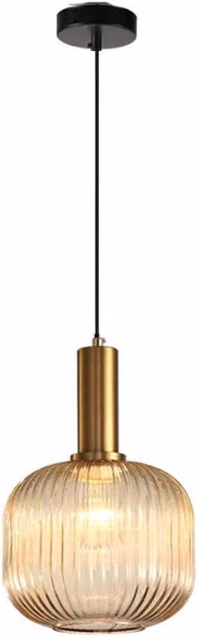 Lampadario moderno, lampada a sospensione in vetro ambrato con finiture in rame dorato