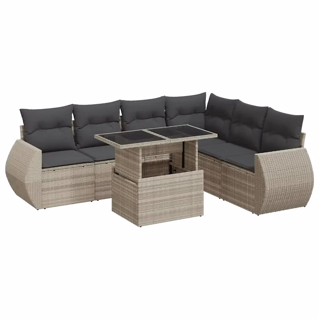 Set da giardino moderno vidaXL composto da 7 pezzi con poltrone, elemento angolare, tavolino da caffè e cuscini grigi in rattan e metallo – 2