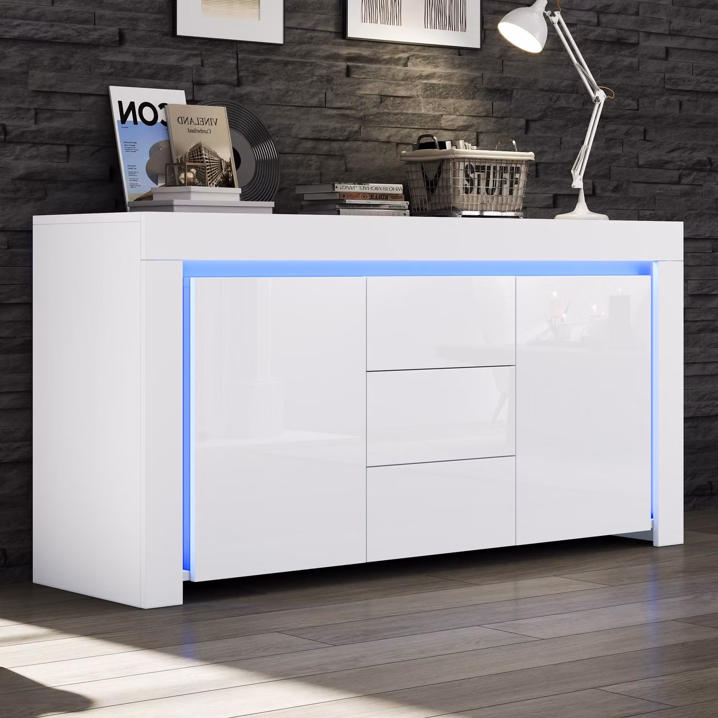 Credenza Merax lucida con LED, cassettiera con 3 cassetti e 2 ante, mobile da soggiorno con ripiani regolabili, mobile laterale in MDF, bianco