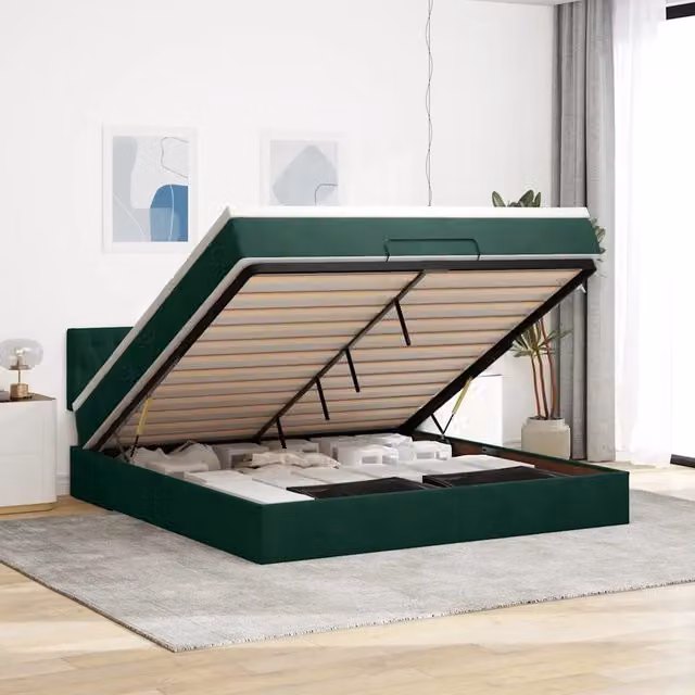 Letto con contenitore a sollevamento vidaXL in velluto verde e bianco con materasso L: 160 cm, P: 200 cm, H: 203 cm
