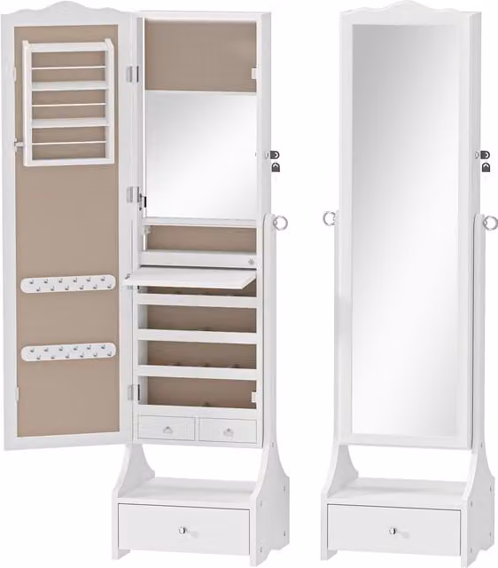 Specchiera Portagioie HOMCOM con Luci LED e Specchio Regolabile, Armadio Gioielli Moderno con Cassetti e Ripiano Interno, Bianco