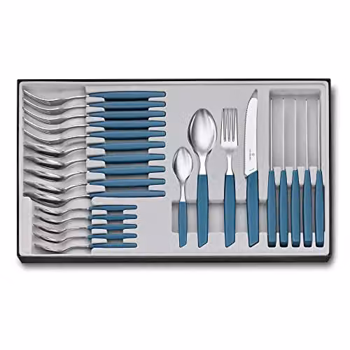 Victorinox Swiss Modern, set di 12 posate composto da forchette e coltelli da bistecca e da pizza, in acciaio inox, nero