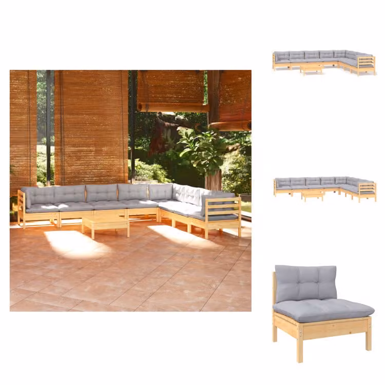 vidaXL Set 9 pezzi da giardino con cuscini grigi in pino massiccio - Set di mobili da giardino
