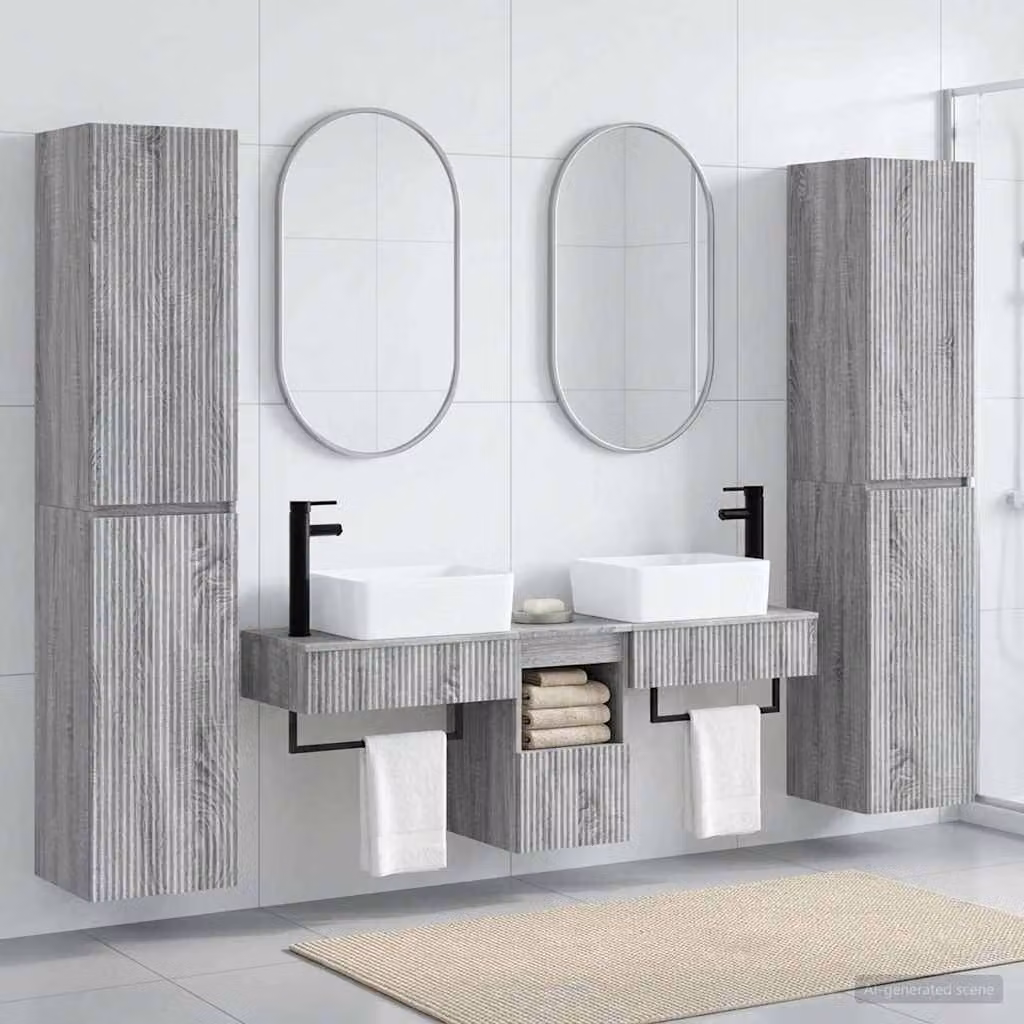 Set di mobili per il bagno moderno vidaXL in 5 pezzi colore grigio con base lavabo, pensili e armadietti laterali