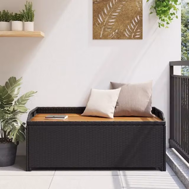 Panca da giardino con contenitore Design Mania in polyrattan nera con struttura in legno di acacia e metallo – 1