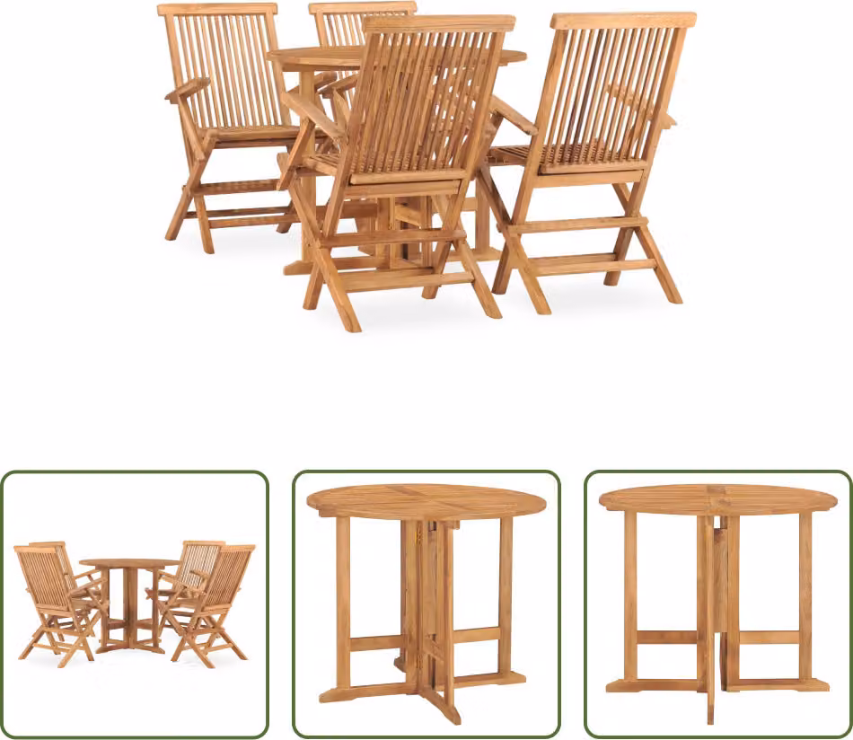 The Living Store 5 pezzi. Set da pranzo da giardino pieghevole in legno massiccio di teak