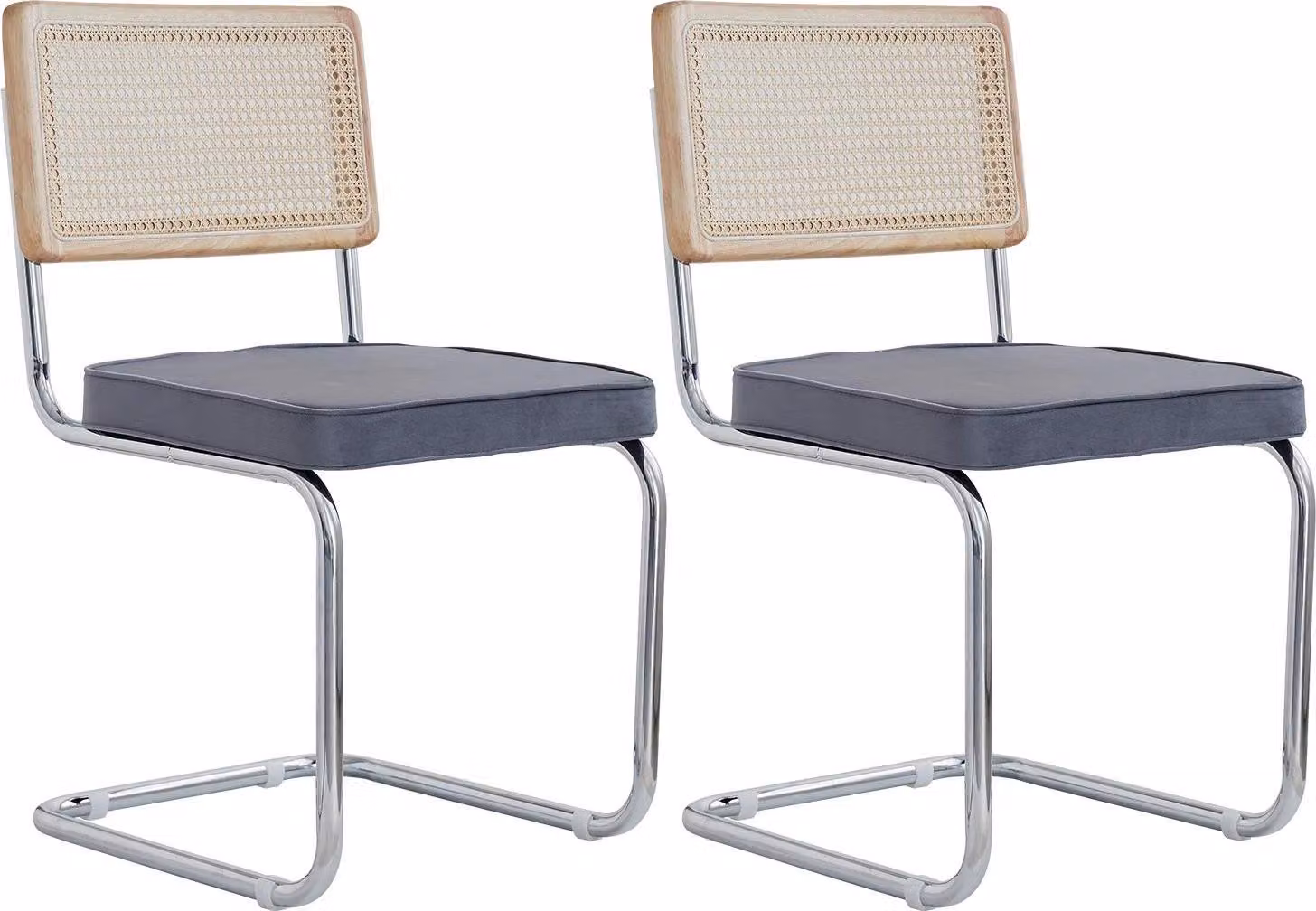 Sedie da pranzo - Set da 2 - Schienale in rattan - Seduta imbottita in velluto - Gambe in metallo - Senza braccioli - 84×47,5×44 cm - Grigio scuro