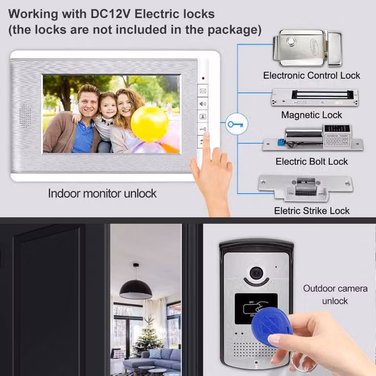 Monitor per citofono video con controllo accessi RFID, telecamera, schermi TFT a colori da 7 pollici, supporto per sblocco EM e 10 portachiavi Bluetooth blu