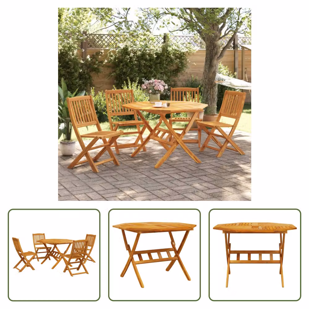 The Living Store Set da pranzo da giardino 5 pz. Set da pranzo da giardino pieghevole in legno massiccio di acacia