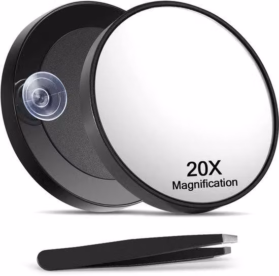 Specchio cosmetico con ingrandimento 20x, nero, con pinzette e ventose