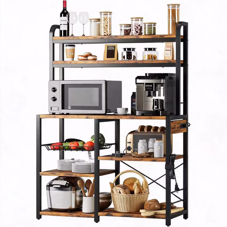 Ripiano per cucina - Scaffale per panetteria con 6 livelli - Dotato di presa di corrente - Supporto per caffè e microonde - Scaffale portaoggetti con cassetto in filo metallico e ripiano superiore - Colore marrone