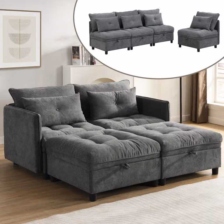 Divano modulare a 4 posti Merax con vano portaoggetti, divano letto in ciniglia, sistema di divani componibili con funzione letto, grigio