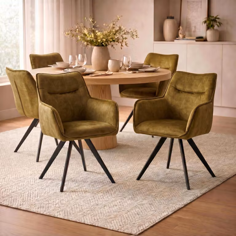Set di 2 sedie da pranzo VENICE, verde oliva - Sedie imbottite in stile moderno con comoda seduta avvolgente e braccioli, tessuto strutturato di facile manutenzione, schienale ergonomico, struttura in metallo nero