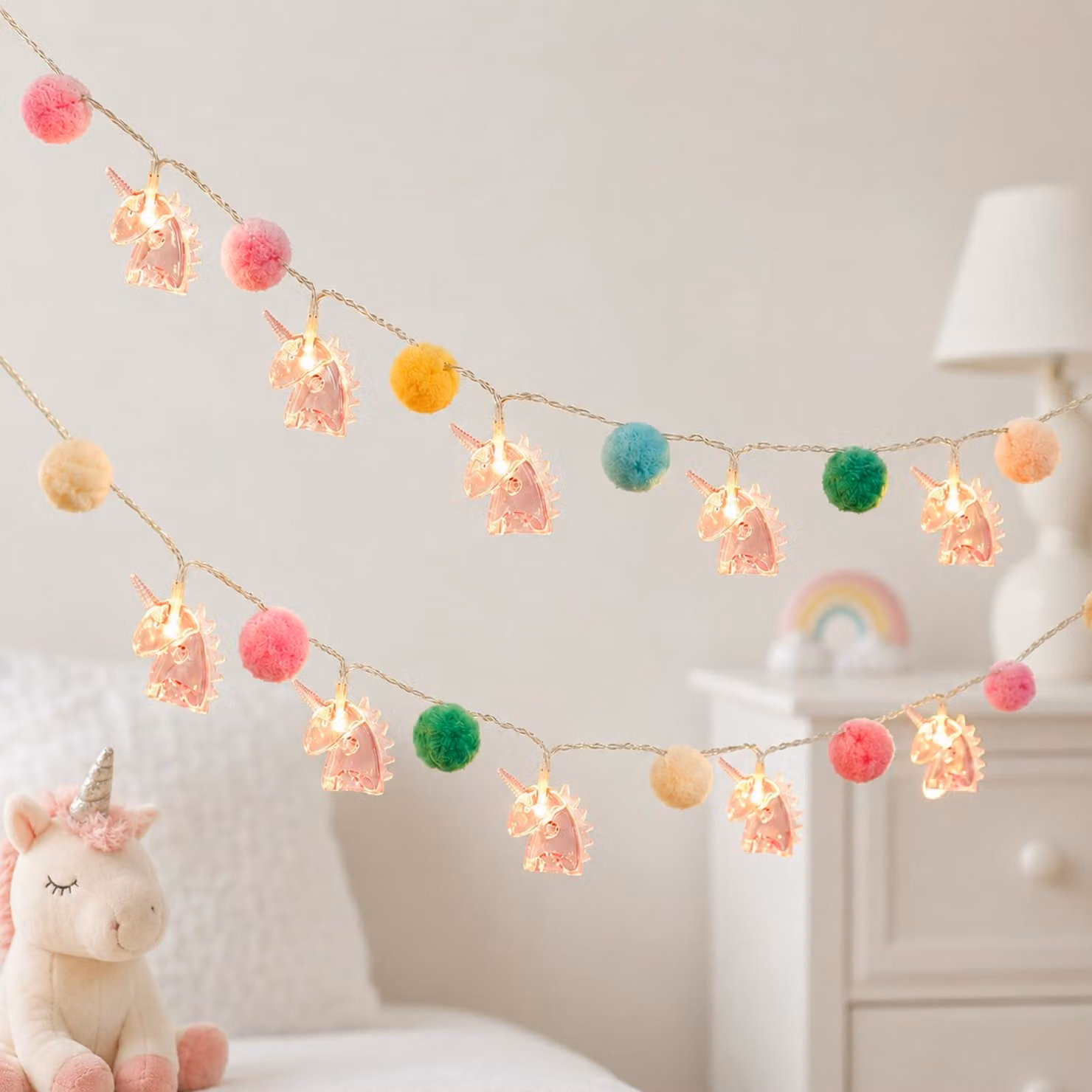Catena luminosa a forma di unicorno con effetto neon a LED, 3 metri, 20 LED, luce bianco caldo