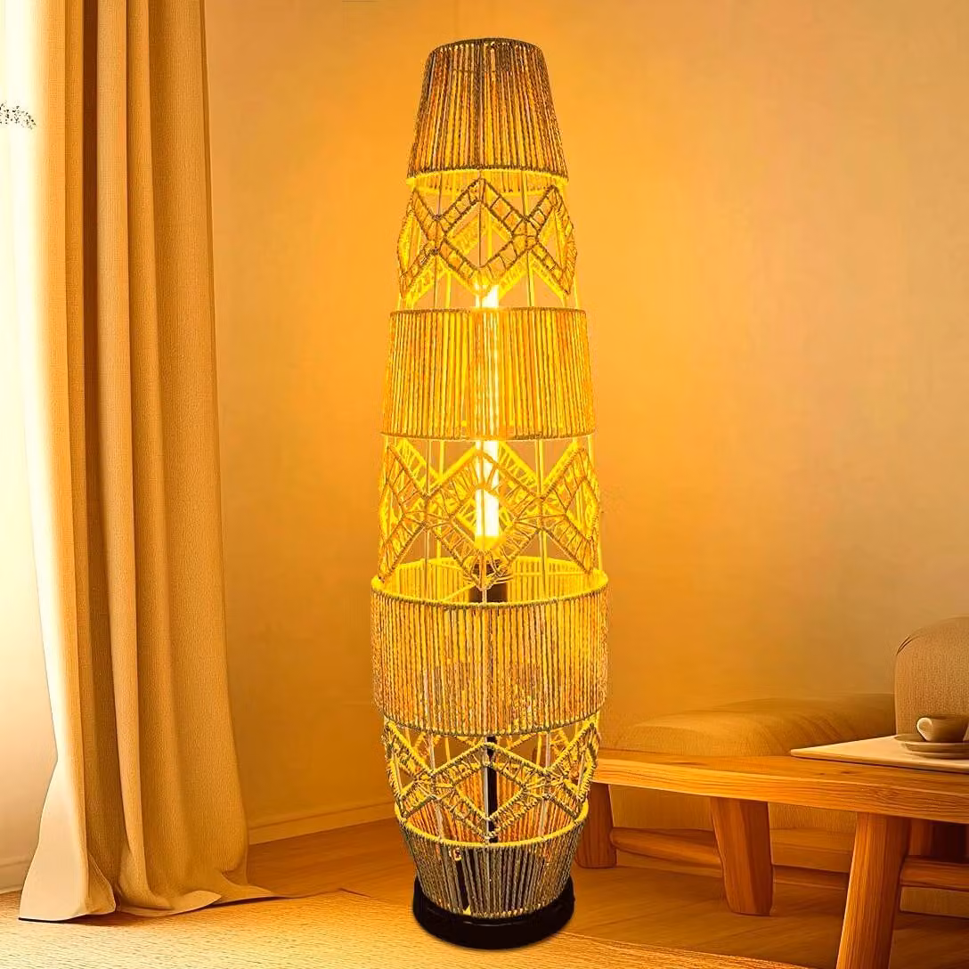 WISFOR lampada da terra lampada da terra vintage lampada da terra in rattan boho interruttore a pedale lampada da terra a 3 luci colore lampada da terra 2700k/4500k/6500k 1400lm 35m²
