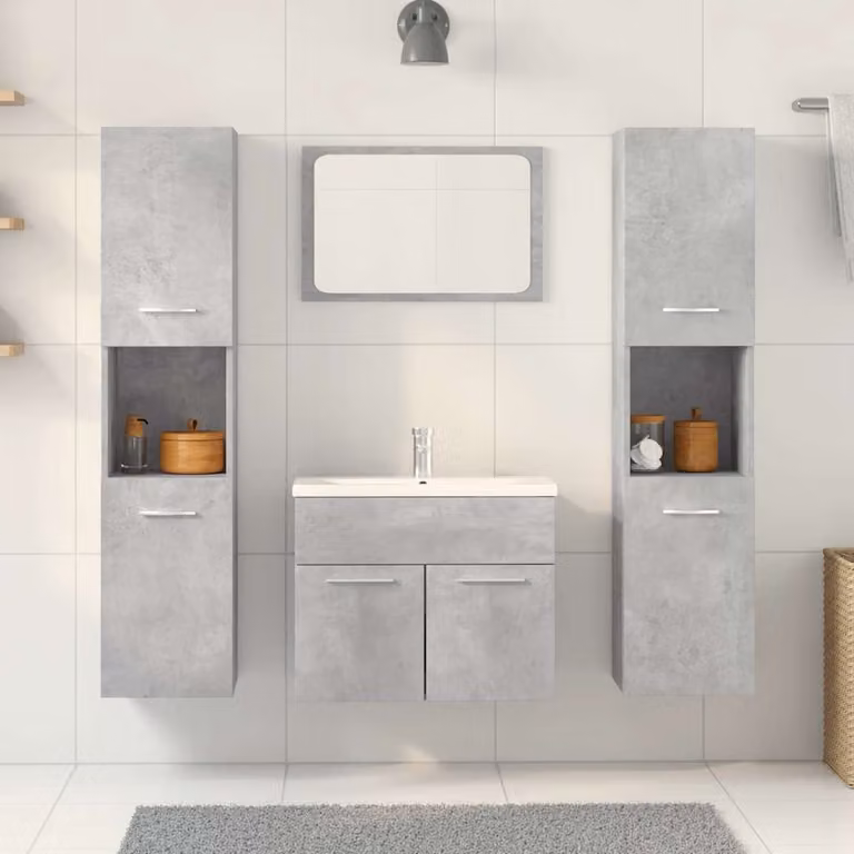 Set di mobili da bagno moderno vidaXL in legno e vetro, 4 pezzi, Grigio opaco, L/P/H: 60,0 x 38,5 x 46,0 cm