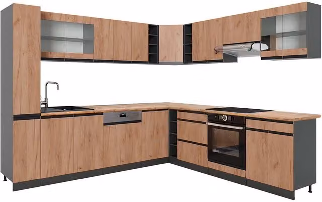 Cucina angolare completa R-Line Vicco in Rovere dorato e Antracite, modello J-Shape, L/P/H: 277 x 257 x 81,6 cm – 1