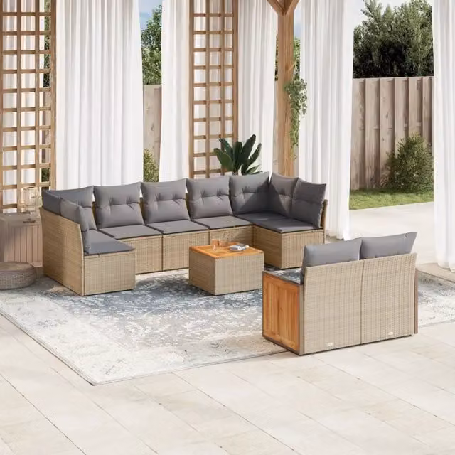 Set Divano da Giardino VIDAXL in Polyrattan con 10 Cuscini Beige Moderno – 1