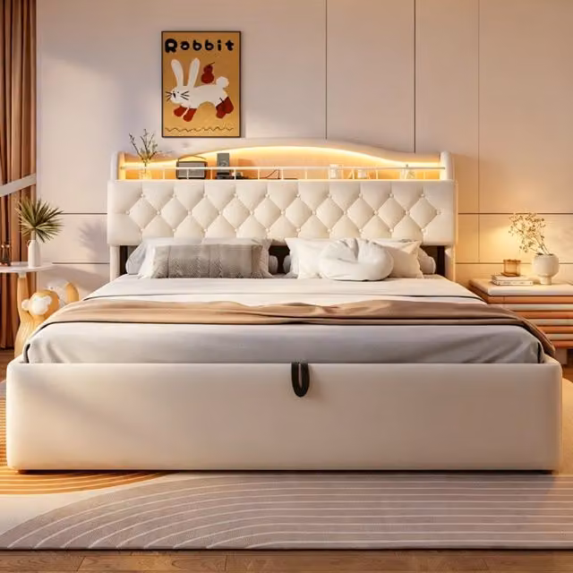 Letto contenitore imbottito in velluto 180 x 200 cm, letto matrimoniale con LED, USB, Type-C, testiera con contenitore e rete metallo, beige