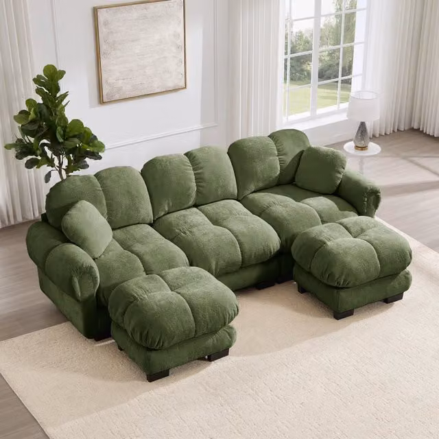 Divano modulare a U OKWISH in chenille verde con pouf mobile e cuscini, L: 260 cm, P: 149 cm, H: 90 cm