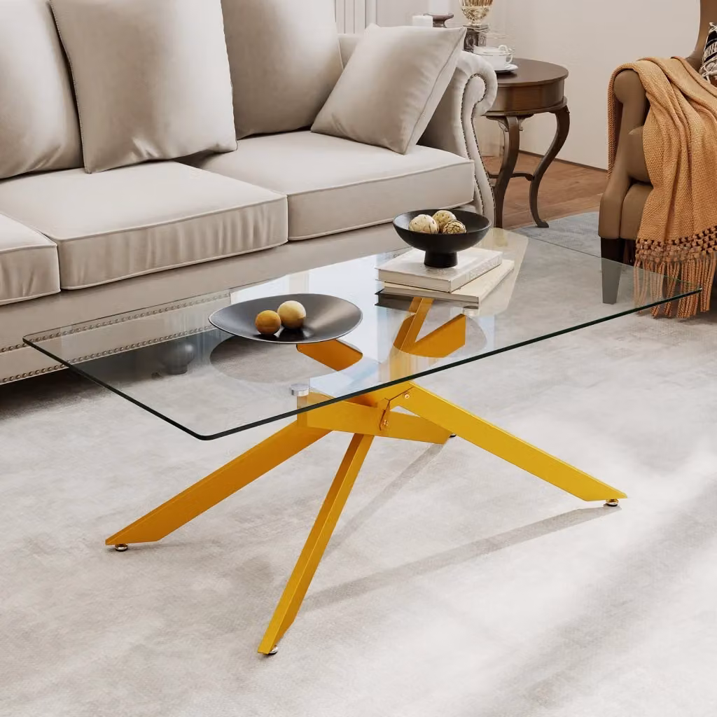 Tavolino da caffè rettangolare moderno DESIGN IN con piano in vetro temperato trasparente e gambe in metallo oro – 2