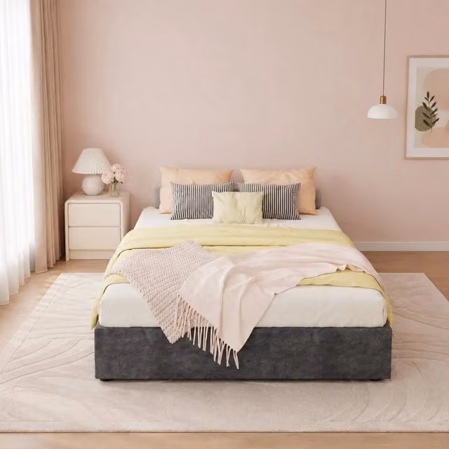 Struttura letto singolo MODFU in tessuto e metallo grigio con design moderno L/P: 90 x 200 cm