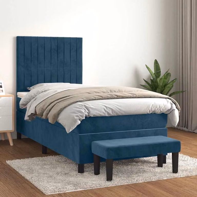 vidaXL Giroletto a Molle Ibrido con Materasso in Velluto Blu Scuro e Bianco, L/P/H: 90 x 200 x 128 cm