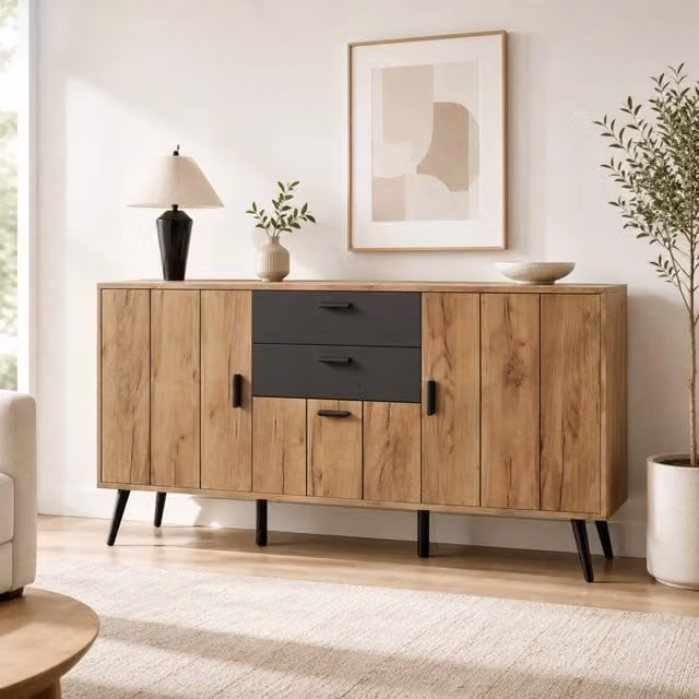 Credenza moderna in MDF nero effetto legno con 3 ante e 2 cassetti per cucina – 1