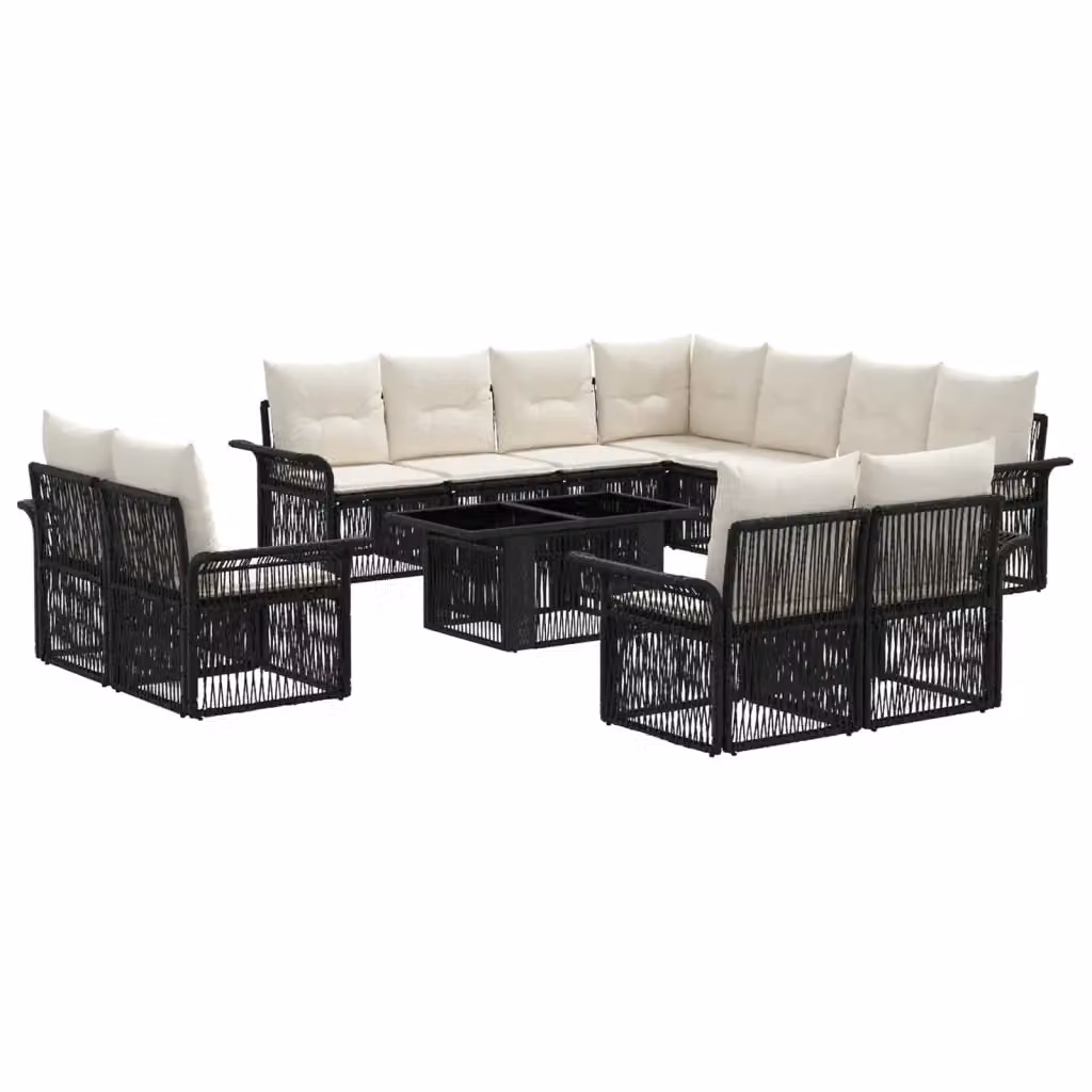 Set Divano da Giardino a Forma di U con Tavolino da Caffè vidaXL, 12 Pezzi, Polyrattan e Metallo, Nero e Bianco – 2