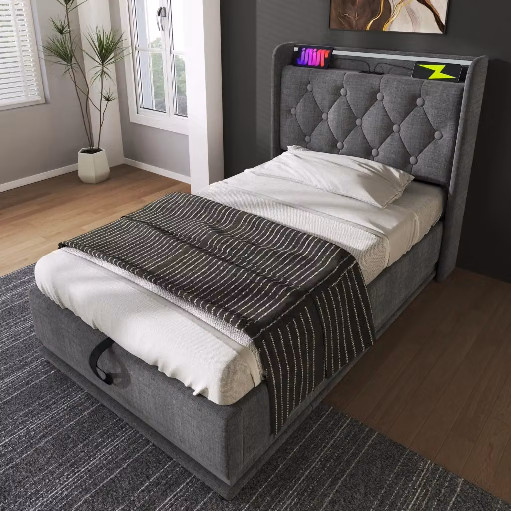 Letto contenitore singolo OKWISH in lino grigio con illuminazione LED, porte USB e Type-C, testiera imbottita e base a sollevamento, L/P/H: 90 x 200 cm – 2