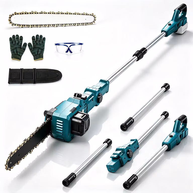 Mini motosega da 8 pollici - Motosega a batteria con asta telescopica - Altezza di lavoro di 4,5 metri - 4 kg - Ideale per potatura e lavorazione del legno