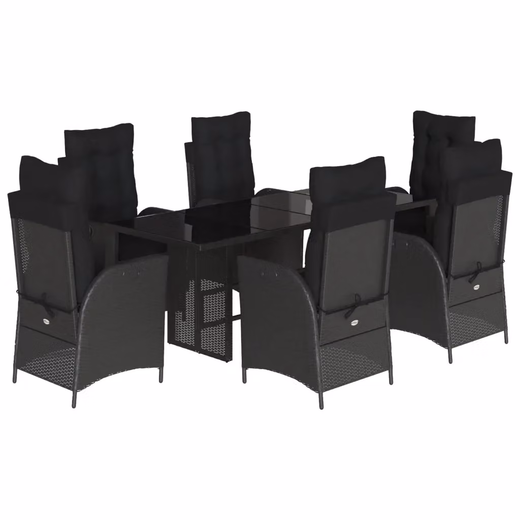 Set da Pranzo da Giardino vidaXL in Polyrattan Nero con Cuscini e Tavolo in Vetro 7 pz – 2