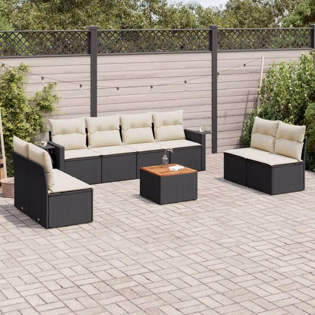 Set di divani da giardino vidaXL in polyrattan nero con cuscini, tavolino e sedute a forma di U per esterno – 1