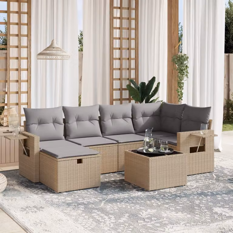 vidaXL Set Divano da Giardino a L 7 pz con Cuscini Beige e Grigio in Polyrattan e Acciaio