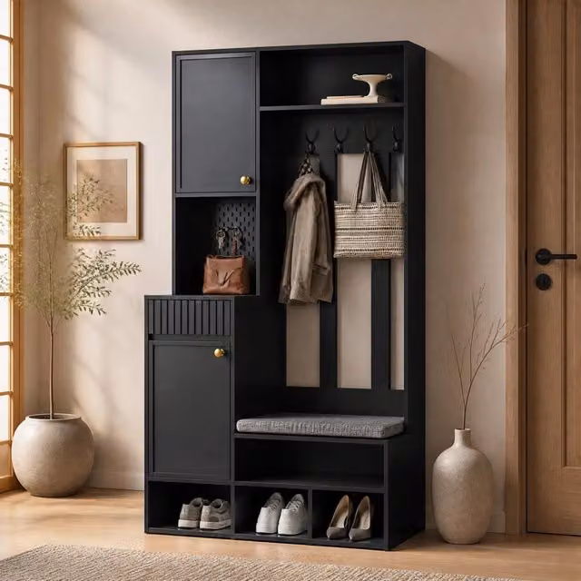 Guardaroba da ingresso ULEVR 100x35x180 cm con panca imbottita, 4 ganci, cassetti e vano scarpe, nero
