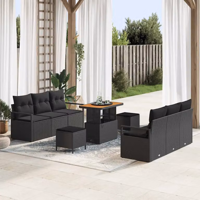 Set Divano da Giardino vidaXL 9 Pezzi in Poly Rattan Nero con Cuscini e Contenitore