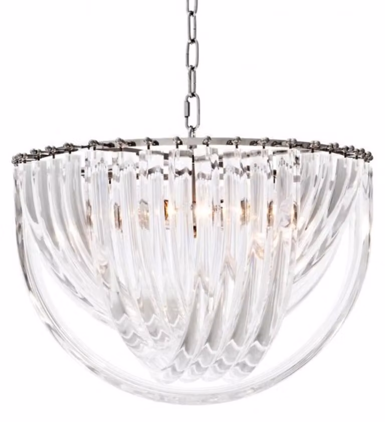 Lampada a sospensione Art Deco "Casa Padrino", realizzata in acrilico e metallo cromato, dimensioni 50 cm x altezza 33 cm
