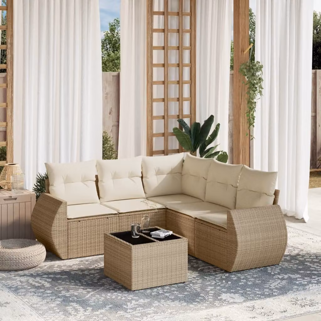 vidaXL Set Divano da Giardino 6 pz a Forma a L in Polyrattan Beige con Cuscini e Tavolino da Esterno – 1