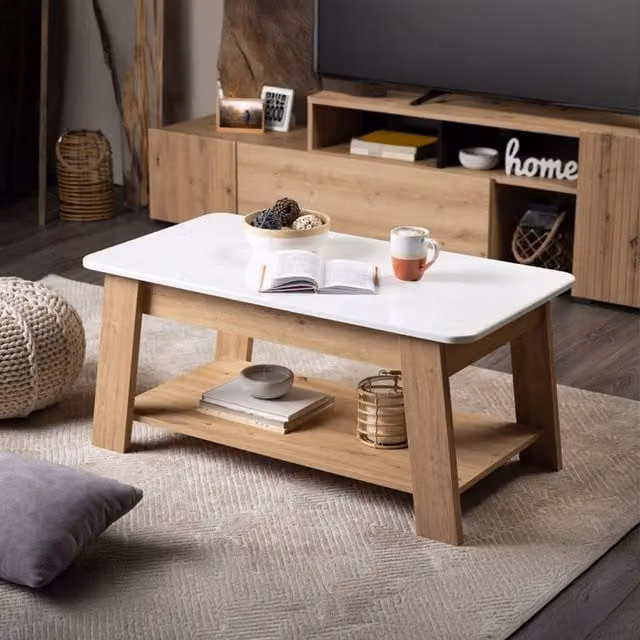 Tavolino da salotto DMORA con un vano, design moderno rettangolare, Bianco e Rovere, L: 101 cm, P: 54.5 cm, H: 46.5 cm