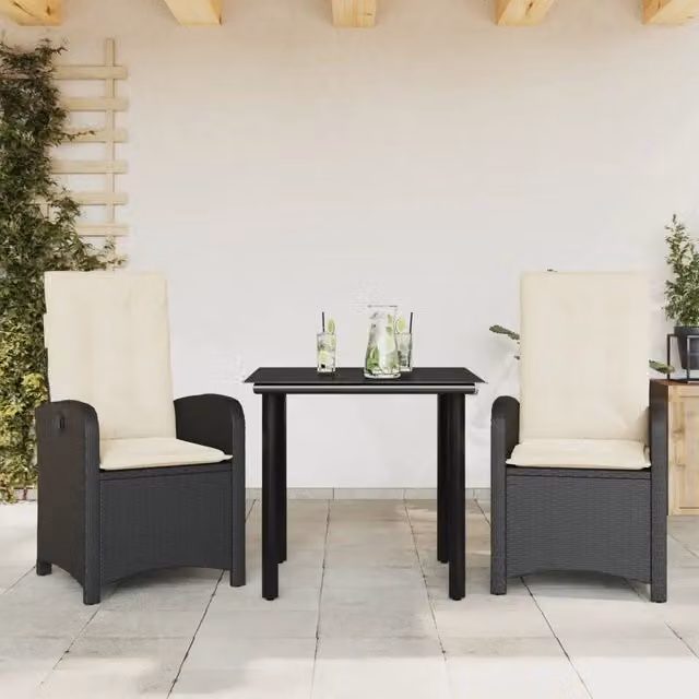 Set da Pranzo da Giardino 3 pz vidaXL in Polyrattan Nero con Cuscini e Tavolo in Vetro