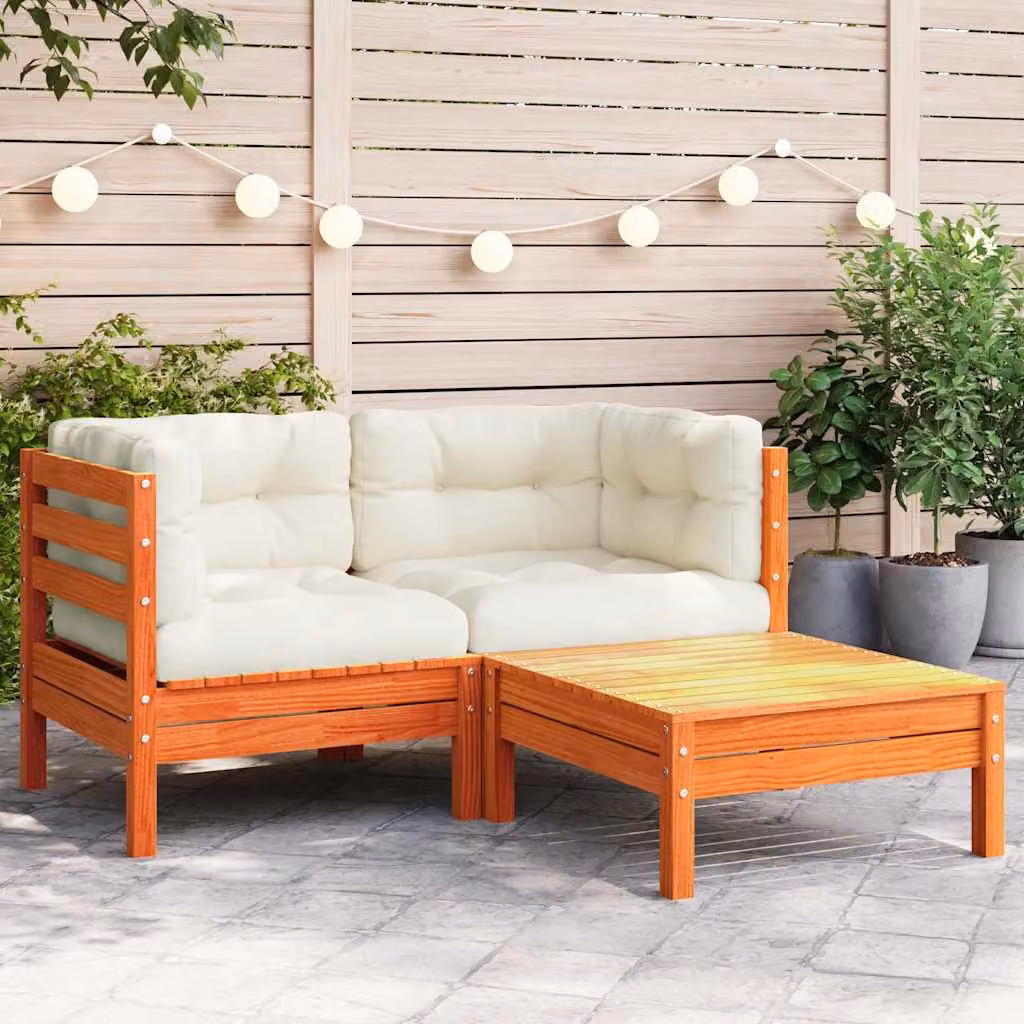 vidaXL Divano da Giardino in Legno di Pino con Cuscini e Poggiapiedi, Colore Marrone e Beige – 1