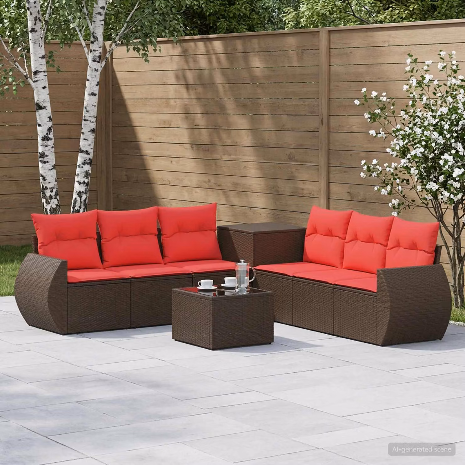 Set di divani da giardino vidaXL a forma di L con tavolo da caffè, composto da 8 pezzi in rattan e acciaio verniciato, colore marrone e rosso