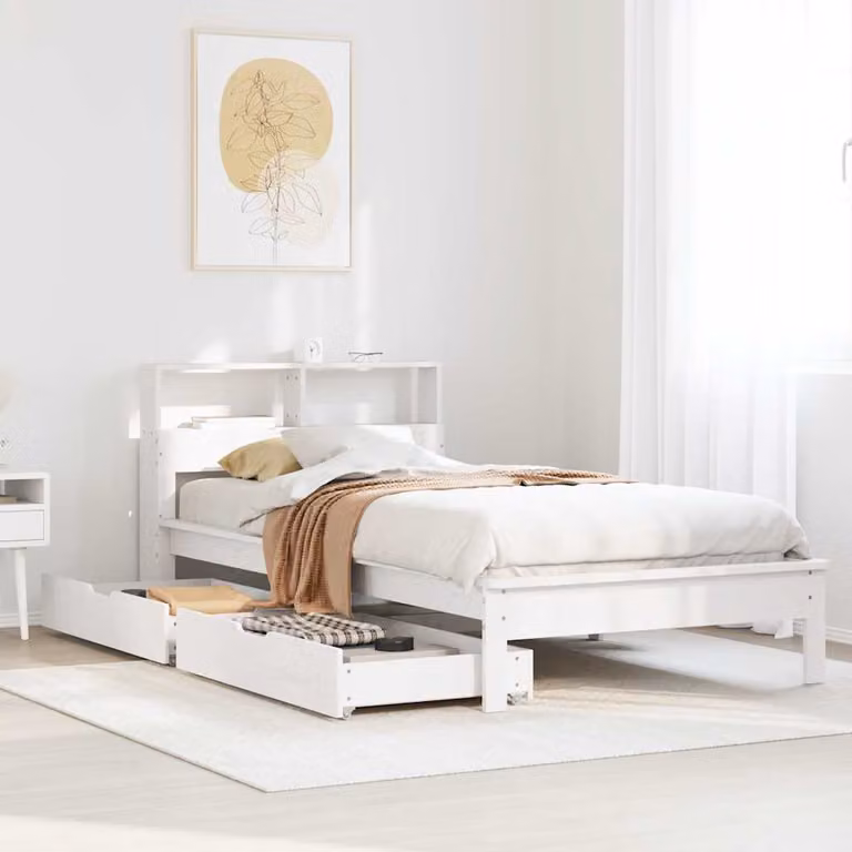 vidaXL Letto con Libreria e Cassetti in Legno di Pino Rustico Bianco senza Materasso L: 190 cm, P: 78 cm, H: 87 cm