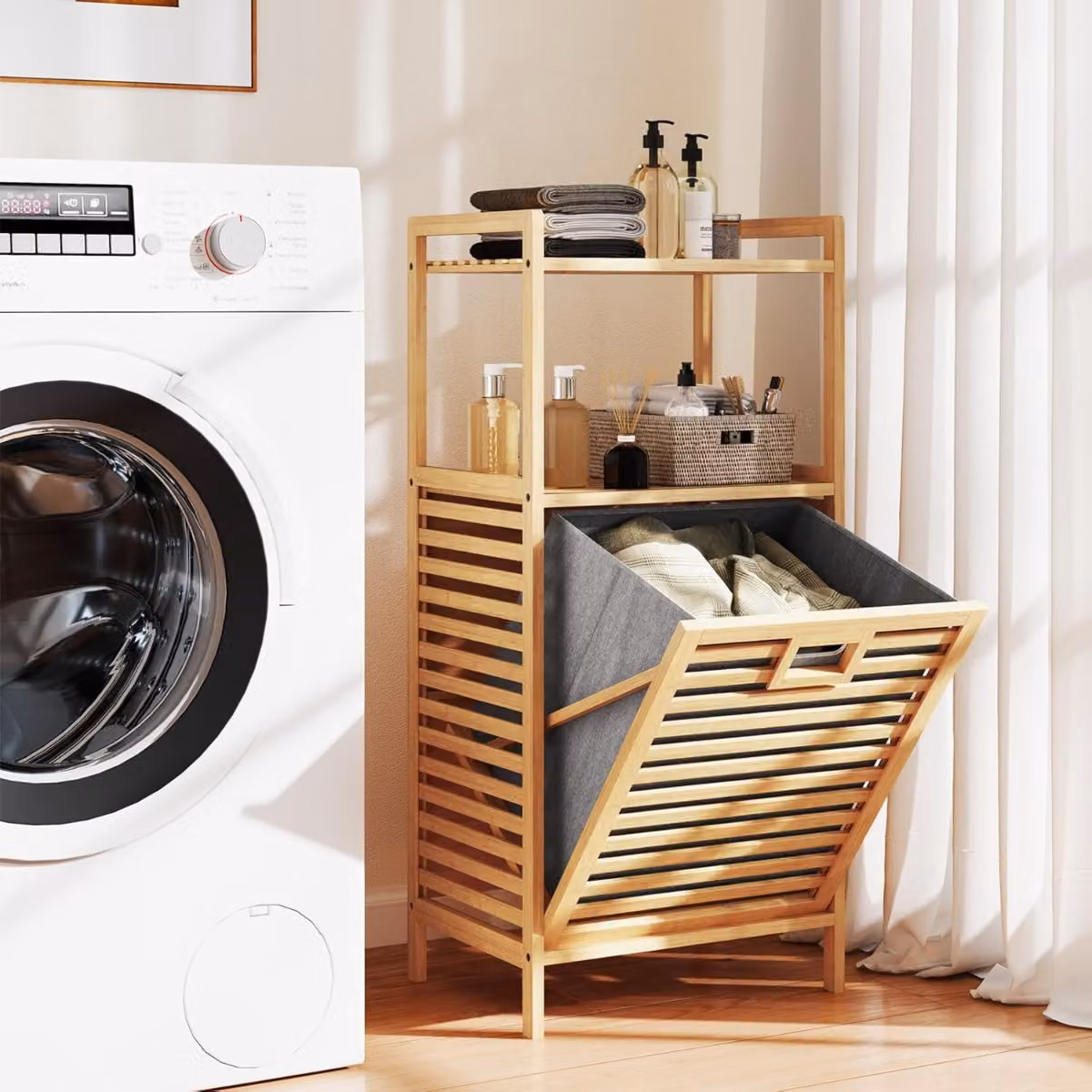 Cesto portabiancheria Costway in bambù con 2 ripiani, pieghevole e rimovibile, colore naturale beige e marrone