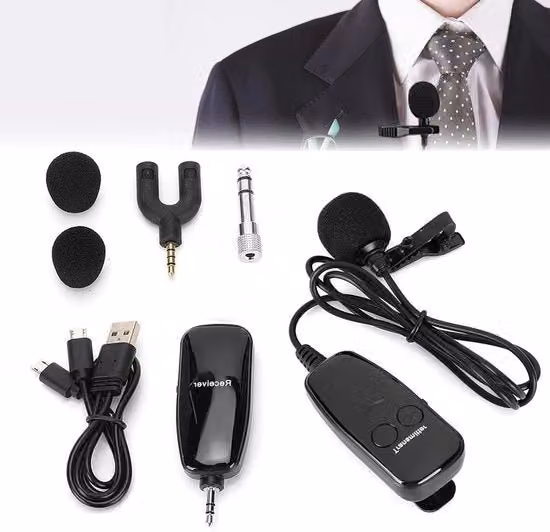 Microfono Lavalier a Clip Miluxy con Amplificatore di Segnale, Trasmettitore e Ricevitore UHF, Nero