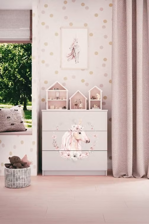 Cassettiera per bambini con cassettiera cavallo nel colore bianco Babydreams