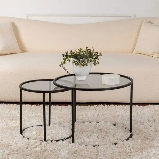 Set di 2 Tavolini da Salotto Xaden DMORA, Design Moderno con Piano in Vetro e Struttura in Metallo, L/P/H: 60 x 60 x 43 cm – 1