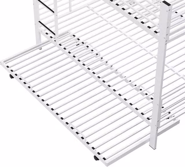 Letto a Castello Moderno in Metallo con Letto Estraibile e Rete di Protezione, Bianco, L: 170 cm, P: 145 cm, H: 205 cm